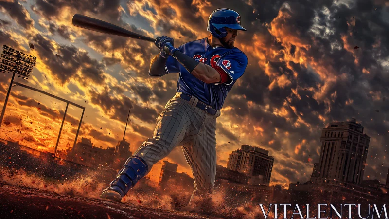 Dynamic digital painting of baseball hitter against fiery skyline.