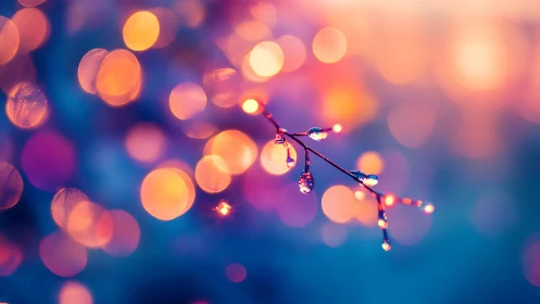 Macro view of wet twig against defocused bokeh lights.