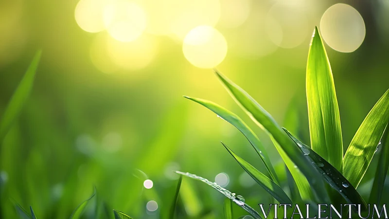 Close-up of Fresh Green Grass Blades with Dew in Soft Sunlight.
