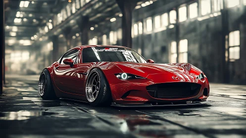 Lowered red Mazda sports car waits in moody industrial light