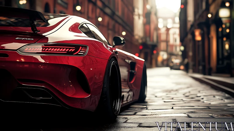 Red supercar glides through wet historic city street.