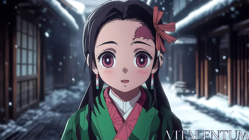 Snowy alleyway anime girl with ribbon and pink haori gaze.