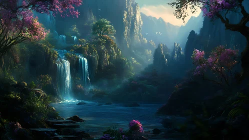 Enchanted waterfalls shimmer through a twilight fantasy valley.