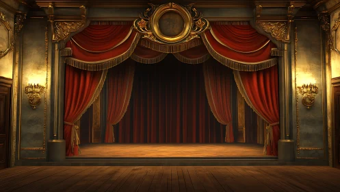 Ornate proscenium stage with red curtains and wood floor.