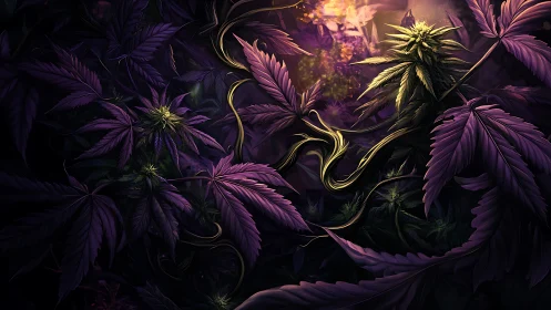 Midnight garden glow with vivid violet and golden leaves.