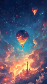 Dreamlit hot air balloons drifting above a glowing sky castle.