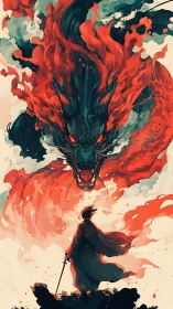 Samurai figure facing large flaming dragon-like spirit form.