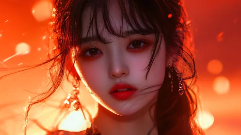 Fiery portrait highlights luminous skin and molten bokeh