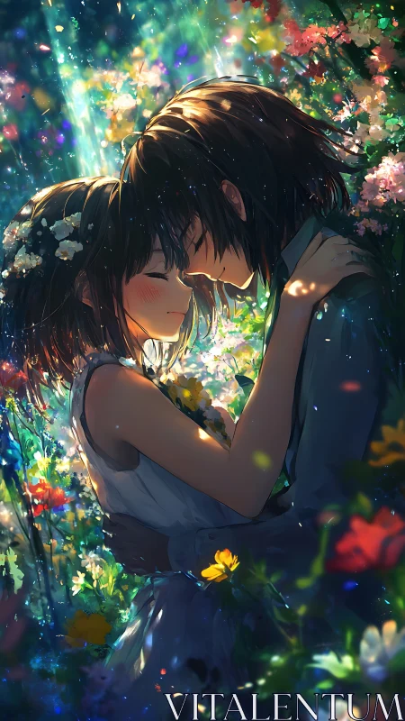 Anime romantic embrace in luminous floral bokeh field.