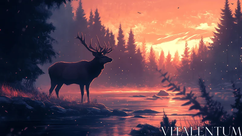 Elk standing by reflective river in conifer forest at dusk.