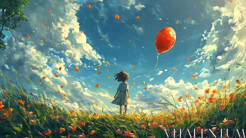 Child holds red balloon in windy flower field under clouds