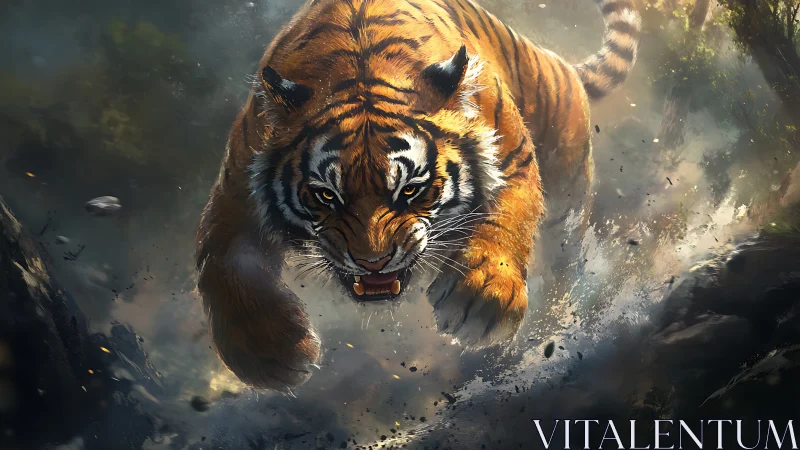 Ferocious tiger charges through shattered jungle dust storm.