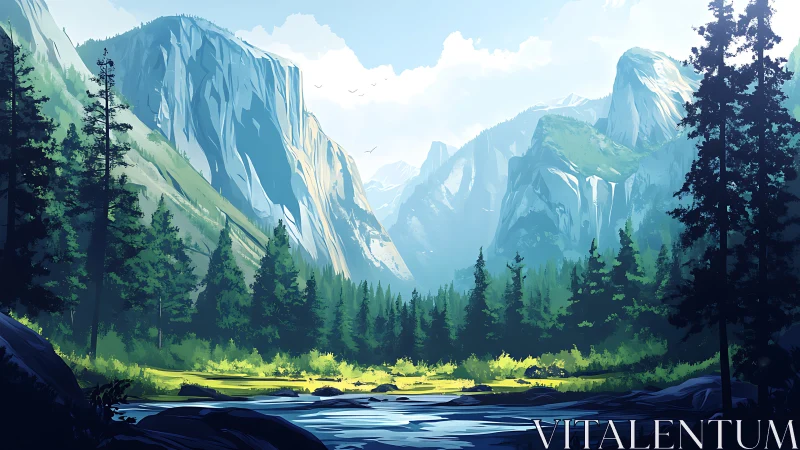 Sunlit alpine valley rendered in stylized digital landscape painting