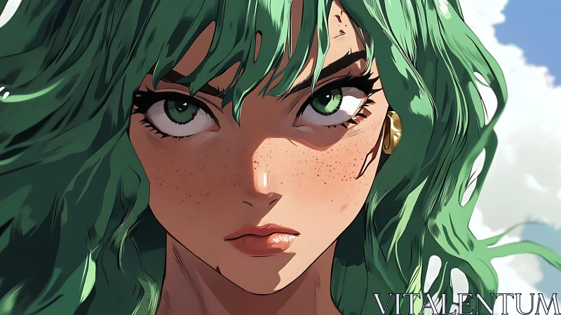 Intense green-haired anime heroine glares into the sky.