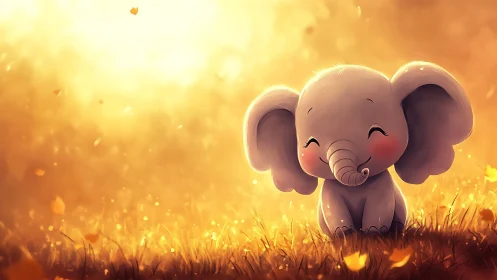 Sunlit baby elephant dreaming in a golden autumn glow.