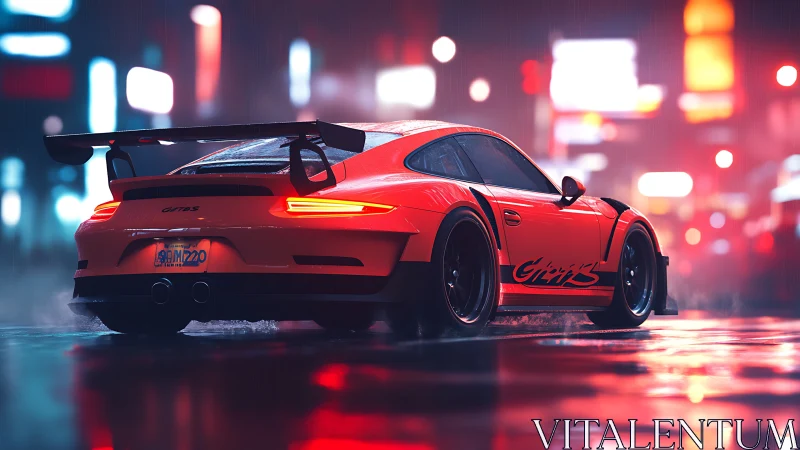 Red GT race car idles in neon-soaked rainy city street
