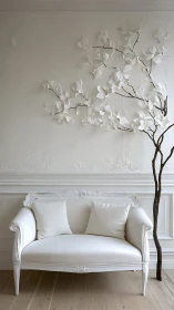 White settee and sculpted floral relief in neoclassical room.