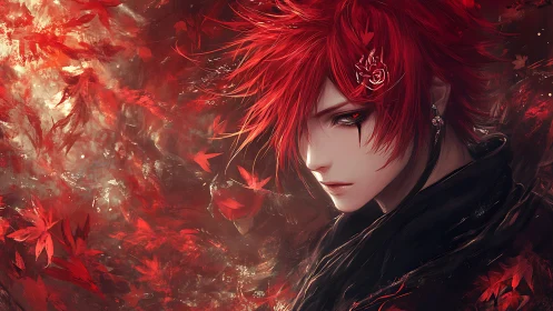 Crimson-haired anime figure emerges from swirling red leaves