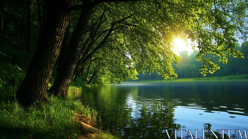Sunlit forest lake with emerald reflections and calm water.