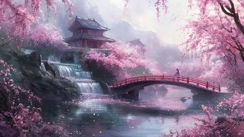 Cherry blossom bridge over whispering waterfalls at dawn.