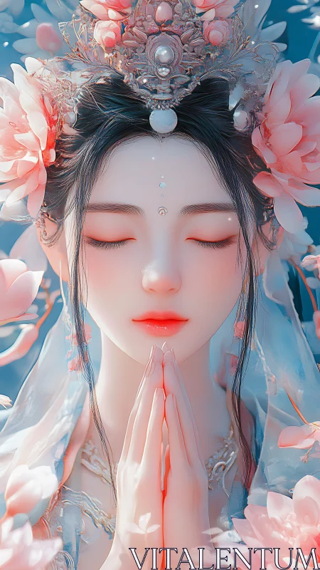 Serene lotus goddess prays in soft celestial morning light