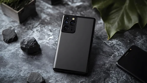 Premium Smartphone Displayed Against Textured Stone With Natural Foliage Elements