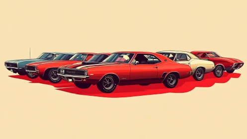 Sunlit lineup of retro muscle cars in bold candy colors.