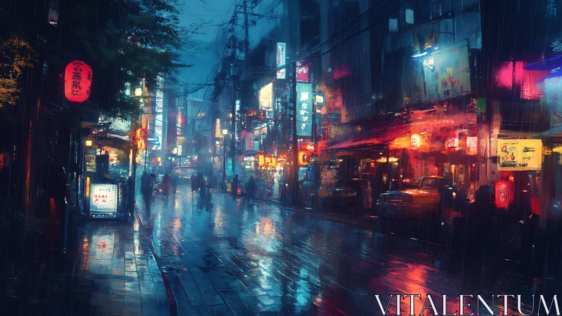 Cyberpunk rain-soaked alley with neon chromatic reflections.