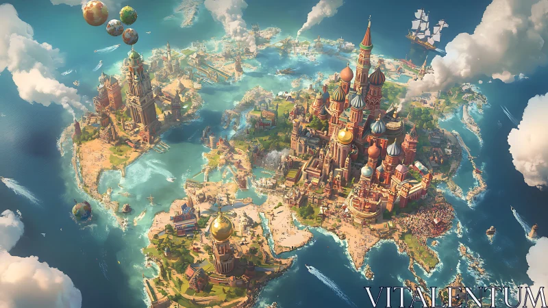 Fantasy archipelago world map with ornate island citadels.