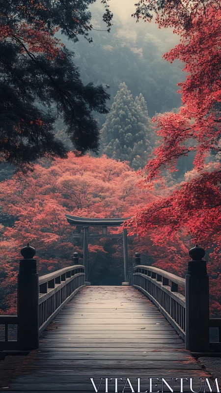 Mist-kissed shrine bridge amid crimson autumn silence.