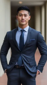 Confident young professional in tailored navy business suit.