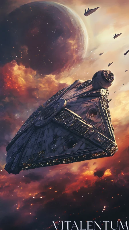 Triangular star cruiser over nebula-lit planetary horizon.