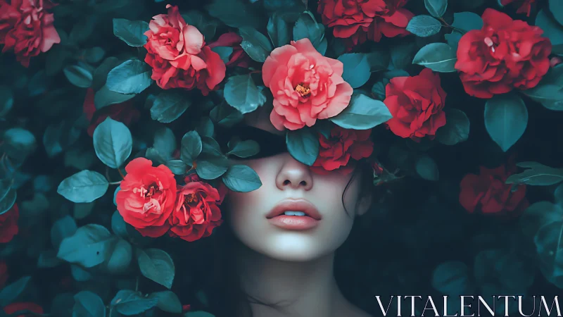 Woman concealed by crimson roses and teal foliage.