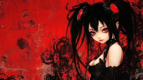 Gothic anime girl with twin tails against distressed red field
