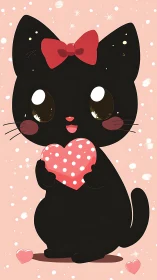 Polka dot heart cuddles sparkle in a bow-topped black kitty