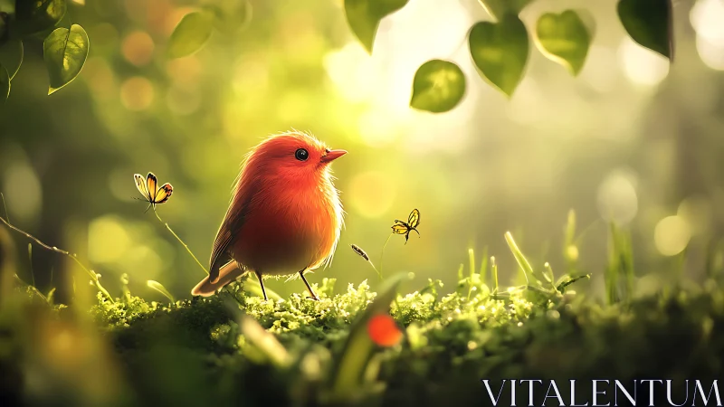 Cute Red Bird with Butterflies in Lush Green Forest, Soft Focus Art.