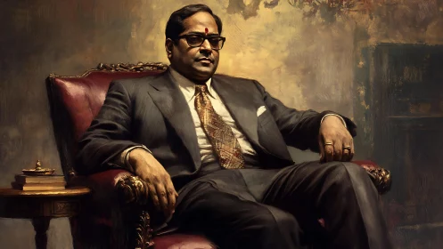 Regal suited gentleman seated in richly lit armchair portrait.