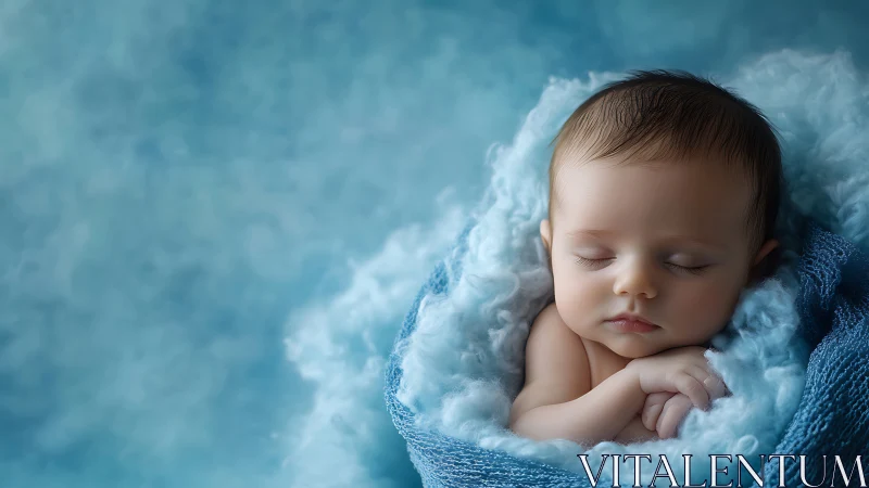 Sleeping newborn with high color saturation cyan wrap textile ensemble