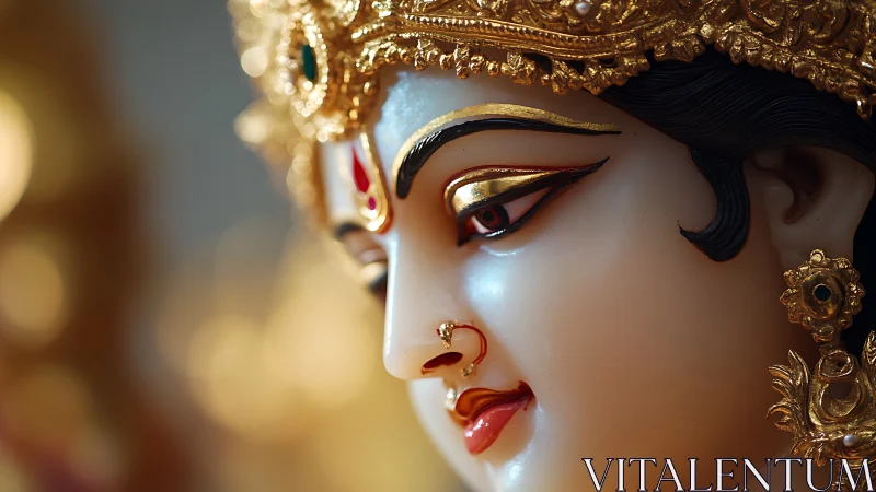Photorealistic close-up of ornate devotional goddess sculpture.