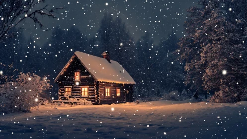 Snow-covered log cabin glowing warmly in winter night.