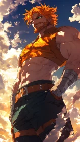 Heroic orange-haired warrior under luminous sunset clouds.