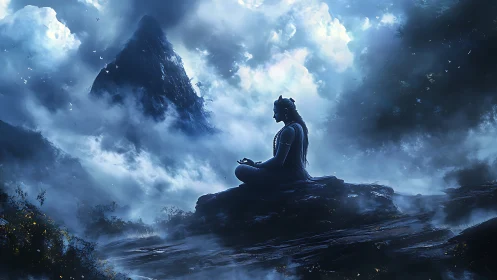 Meditating figure in misty mountain landscape at dusk.