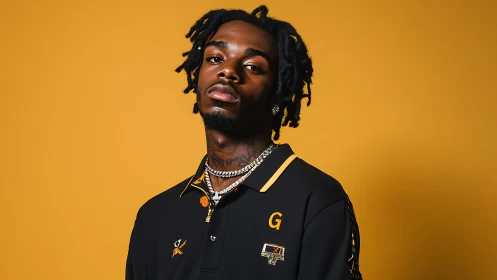 Portrait of confident young man against bold mustard backdrop.