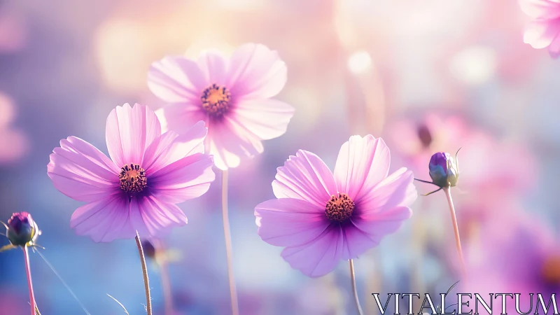 Pink cosmos flowers bloom softly against dreamy gradient backdrop.