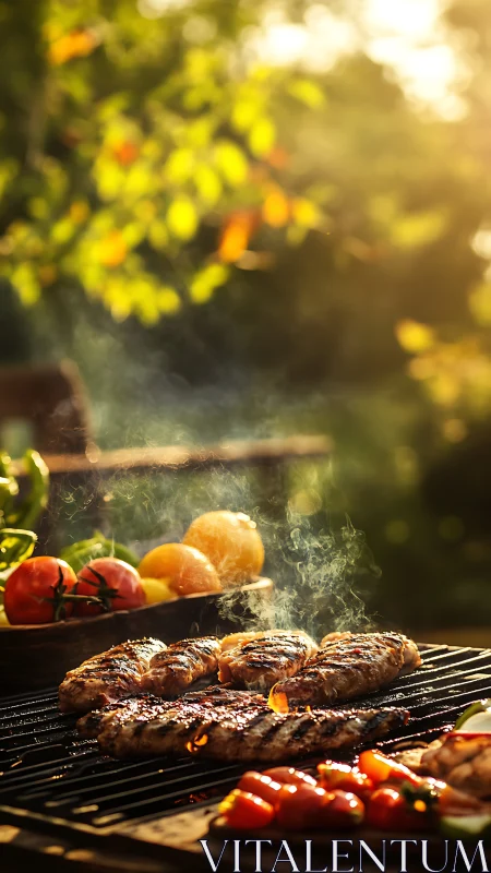 Grill cooks seasoned meat and vegetables in warm sunlight