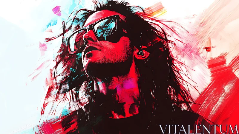 Bold digital portrait of long haired person in sunglasses.
