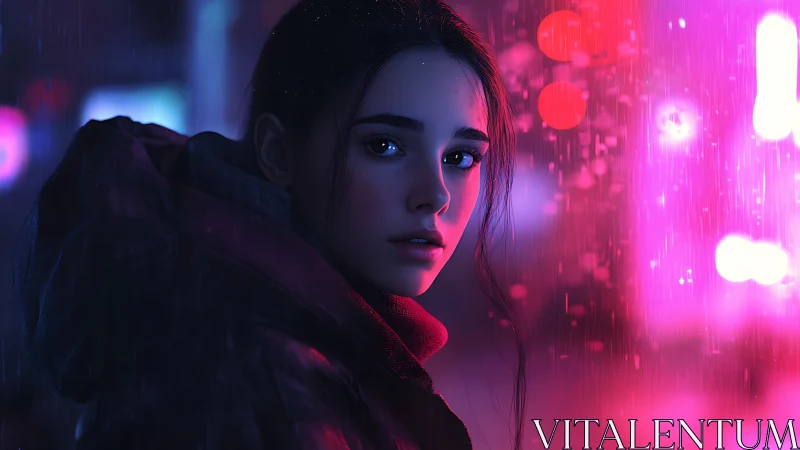 Neon rain drapes a lone night wanderer in electric hush.