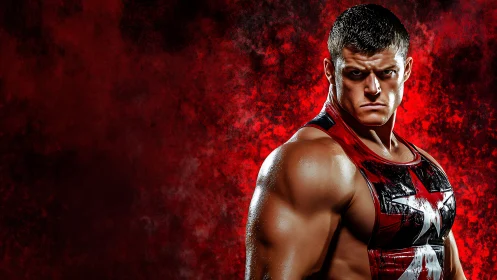 Muscular male athlete in red star singlet on red backdrop.