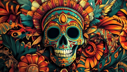 Ornate calavera skull with radial floral plumage and saturated chroma