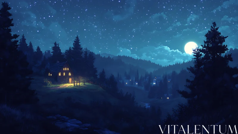 Illuminated forest cabin beneath full moon and starfield at night